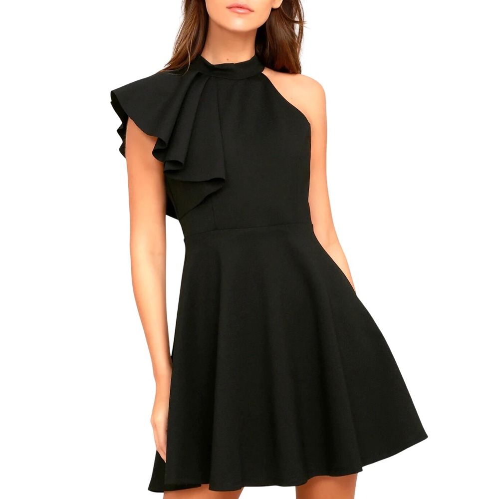 LULUS Black STRETCH Ponte Knit ONE-SHOULDER Zip FIT & FLARE Skater Dress Sz S